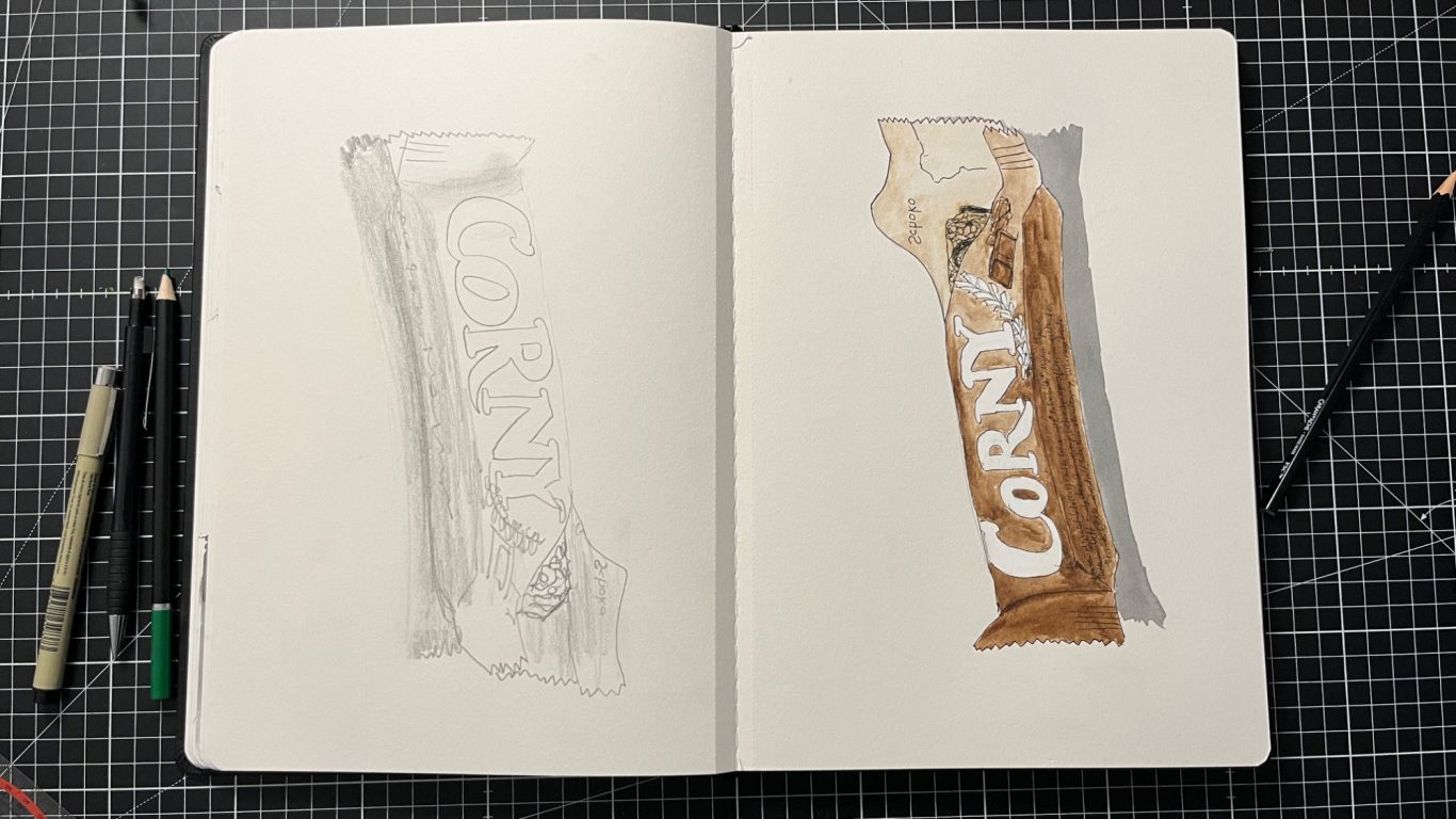 Müsliriegel Verpackung (Bleistift, Pigment Liner & Aquarell)