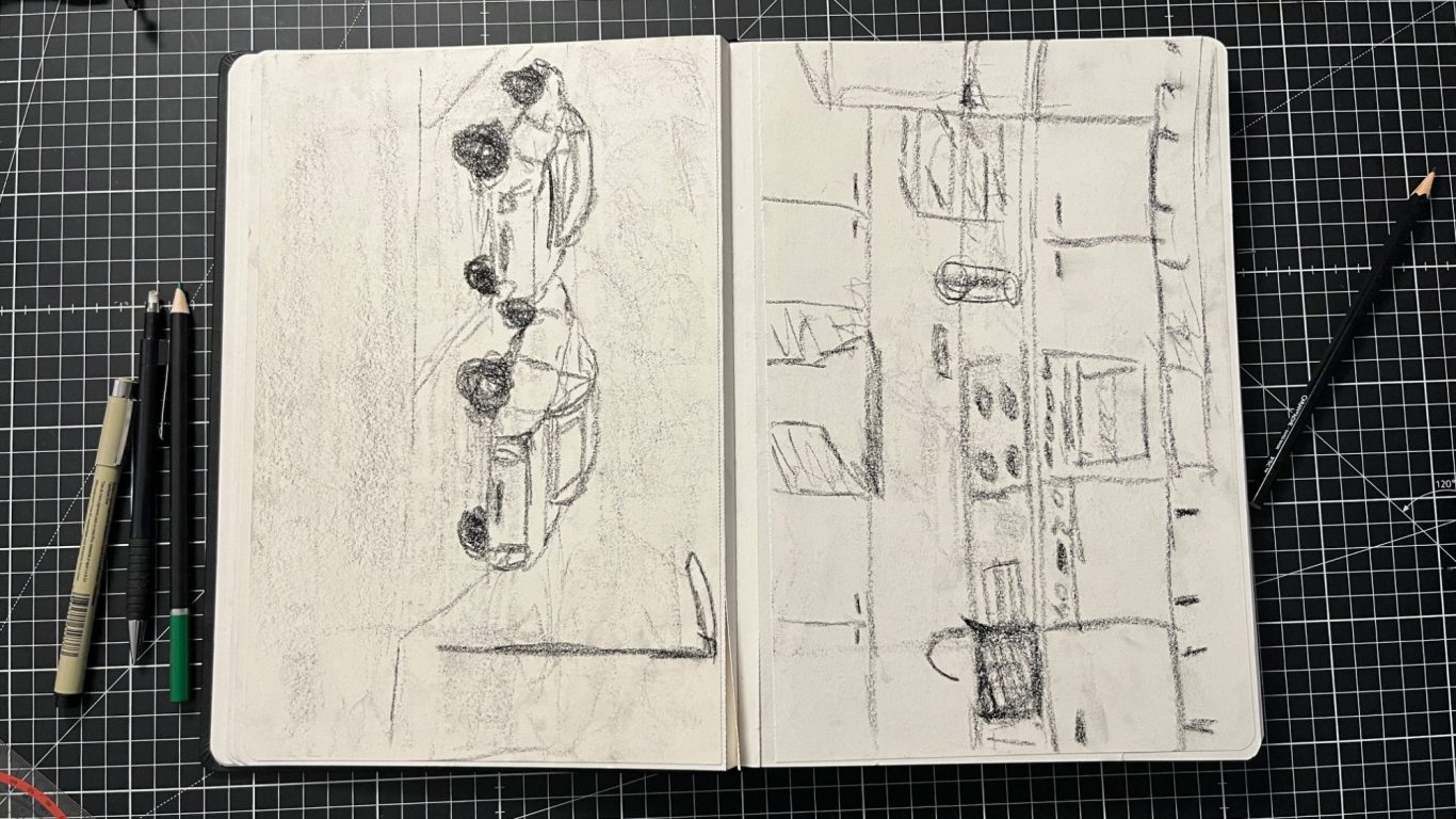 Parkplätze mit Autos und Küchenzeile (Kohle)