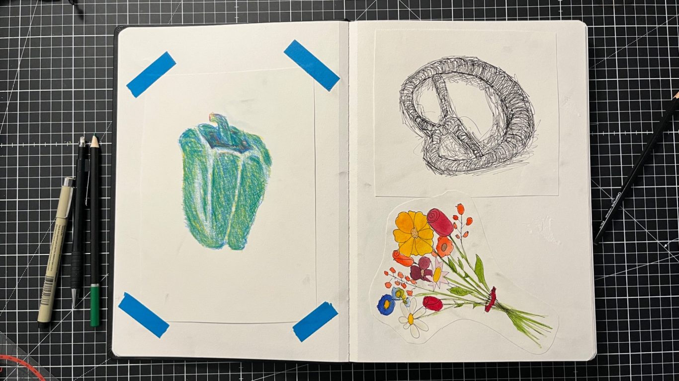 Paprika (ohne Farbe Grün), Brezel & Blumenstrauß (Buntstift, Pigment Liner & Aquarell)