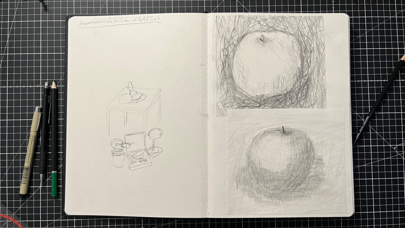 Kompositionsskizze & Apfel Volumengebend & Schraffur (Bleistift)